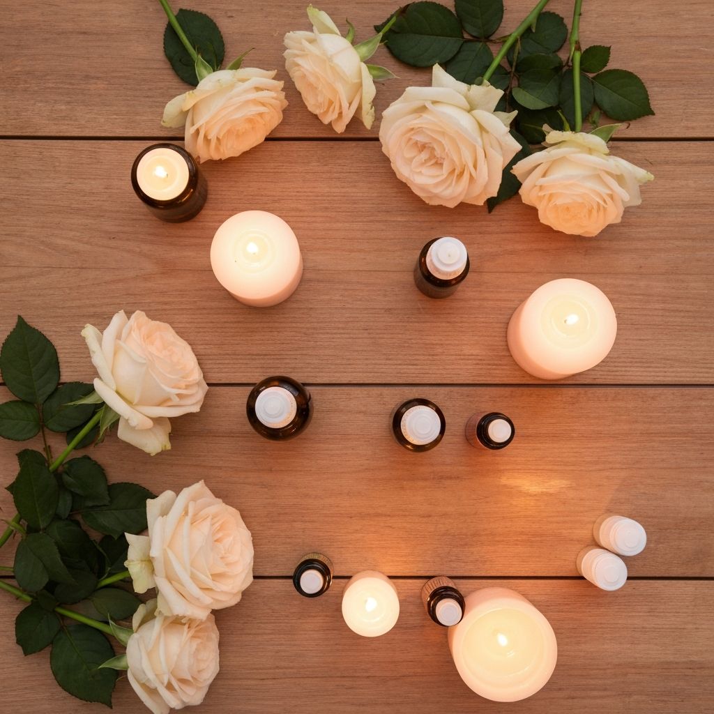 Aromatherapy essential oils and flowers setup